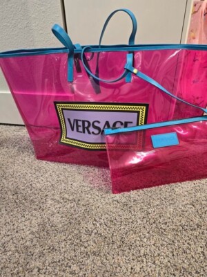 VERSACE 90's Vintage Logo Soft Tote Pink Clear Vinyl Blue Calfskin NWT