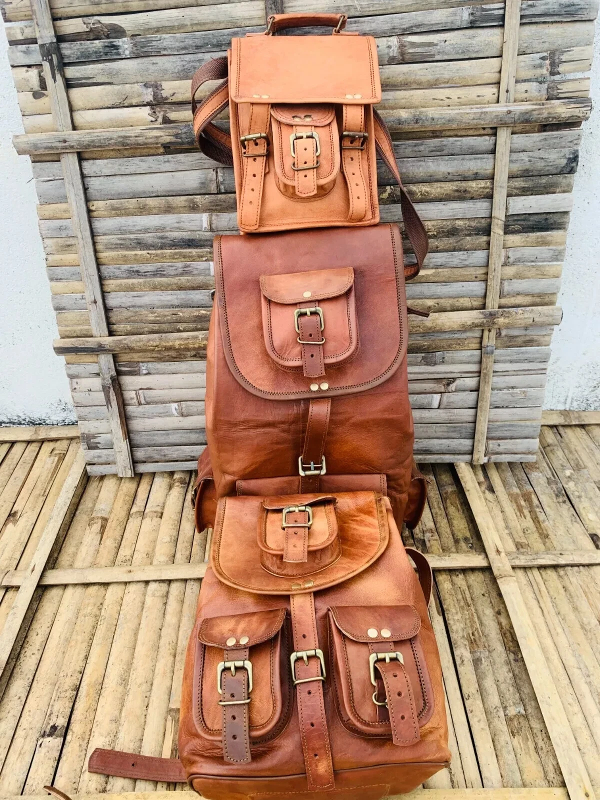 20" Men's Leather Backpack Bag Travel Rucksack With Small Backpack & Sling Bags
