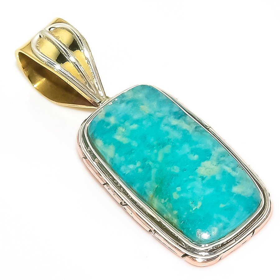 Amazonite Gemstone Two Tone 925 Sterling Silver Pendant 1.5 Inch