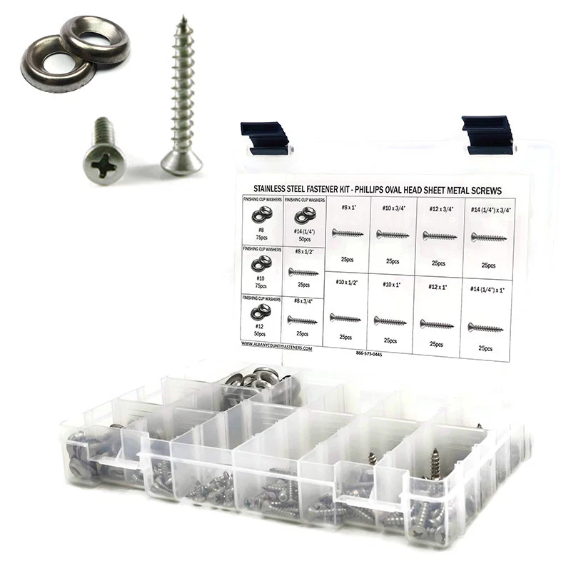 Kit de tornillos de chapa de cabeza ovalada Phillips de acero inoxidable con arandelas de taza 501 un.
