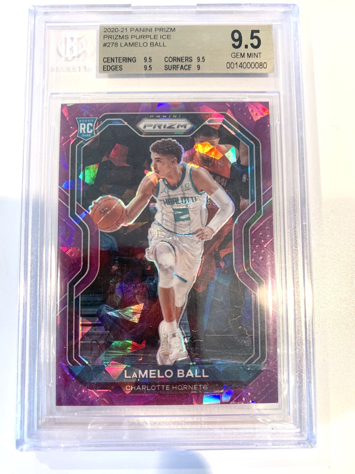 2020-21 Panini Prizm LaMelo Ball Purple Cracked Ice /175 Rookie Card BGS 9.5