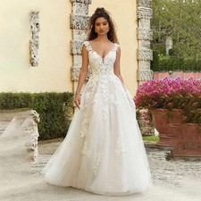 V-neck Boho Wedding Dresses Floor-length Appliques A-line Backless Bridal Gowns