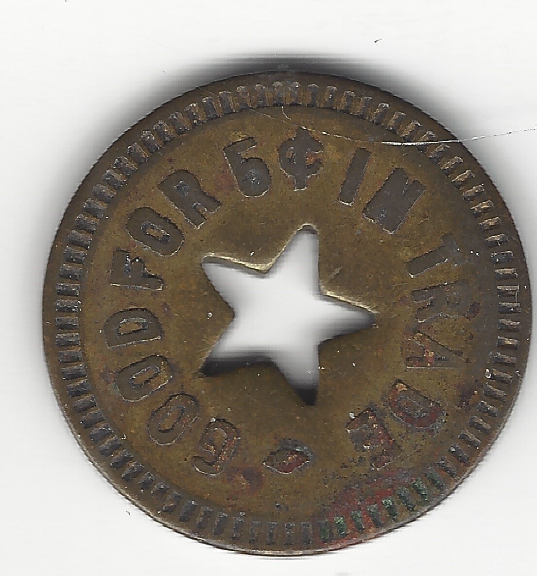 P.S. SEAMAN, Warner, South Dakota, Good For 5¢ Trade Token/Coin, 21mm