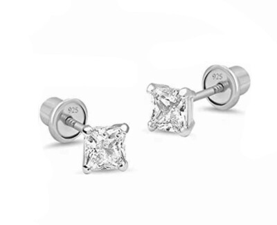 925 Sterling Silver Square 3x3mm Safe Screw Back Stud Earrings