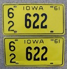 1961 Original Pair Iowa License Plates Low #62-622, Oskaloosa, Mahaska County IA — photo 1