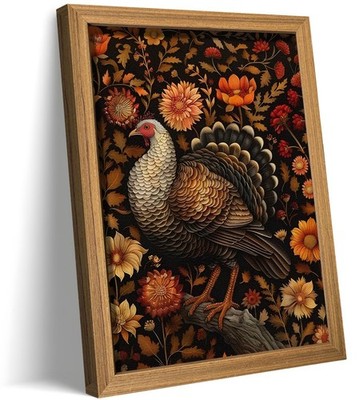 Framed Vintage Turkey 3D Textures Wall Art   Fall Floral Thanksgiving Wall