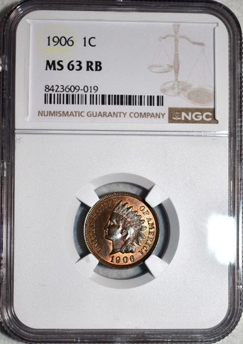 NGC MS-63 RB 1906 Indian Head Cent, Razor-Sharp, Red-Brown specimen.