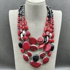 Chicos Red Black Multi Strand Beaded Statement Bib Necklace Silver Tone Chunky