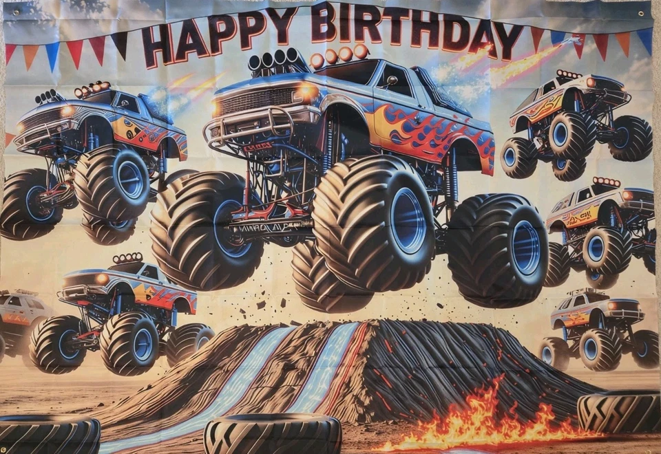 Suministros de fiesta Monster Truck, pancarta de cumpleaños para automóvil 7Wx5H ft telón de fondo grande nuevo Foto 3 de 3