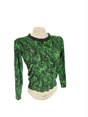 INC Women s Snakeskin Print Sweater Top Large Green Black Beaded Neckline
