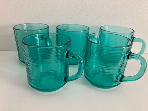 Vintage Arcoroc France Coffee Mugs Jardiniere Teal Turquoise Ribbed Glass Set 5