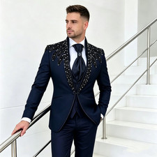 Beading Sequin Me's Suits Navy 3Pcs Luxury Appliques Shawl Lapel Prom Party Coat
