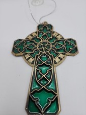 Cross Xmas Pendant Ornament Resin Glass With Ornate Gold Tone Metal ReligiousSun
