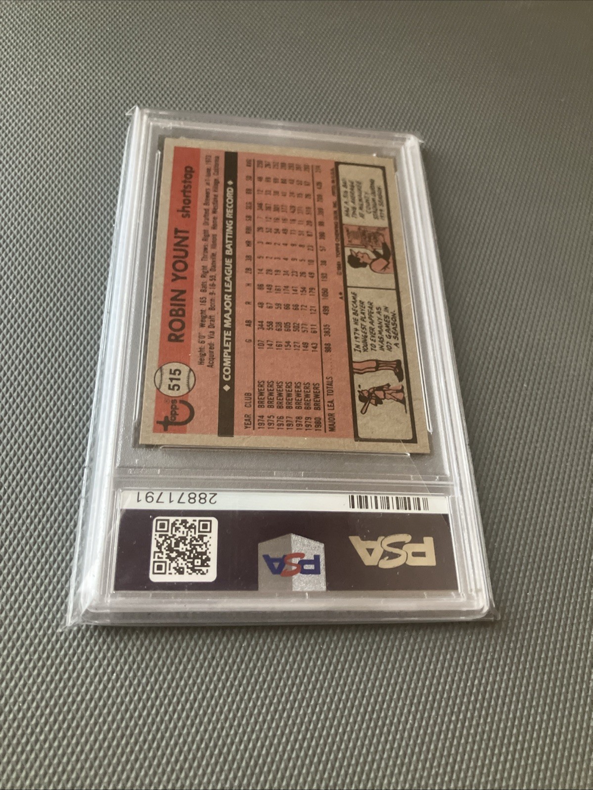 1981 Topps Baseball #515 Robin Yount PSA 10 GEM MINT HOF Brewers view 3