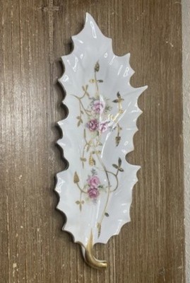 Vintage Porcelain Leaf Trinket Dish Pink Roses Gold Accents Victorian Cottage