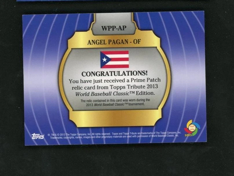 2013 Topps Tribute WBC Prime Patch Angel Pagan #WPP-AP /111 - Image 2 of 2