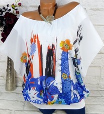 Bluse Top Tunika Lagenlook Shirt Poncho doppellagig Chiffon Weiß Bunt 42 44 46