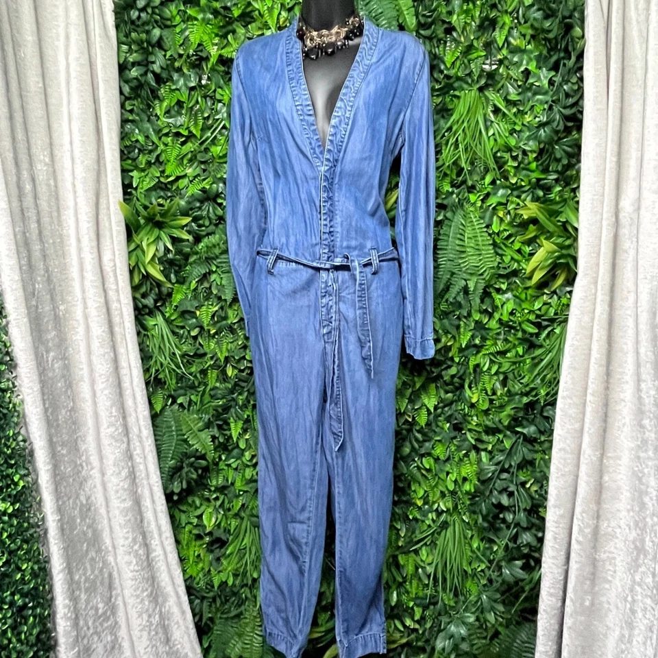 Mono Vaquero Lou Free People Talla 4 Azul Manga Larga Cinturón Cuello en V 3264 Foto 2 de 4