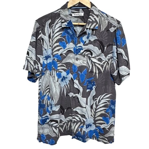 Tommy Bahama Silk Hawaiian Shirt Mens M Blue Hibis