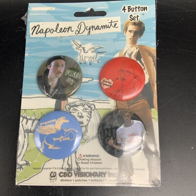 Napoleon Dynamite 4 Pin/Button Set New Sealed 2005 Sweet Dance Moves Peace Out
