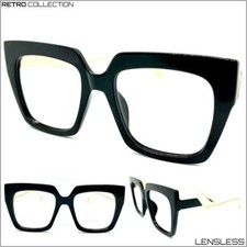 Vintage Retro Cat Eye Style Lensless Eye Glasses Black  Gold Frame Only NO Lens