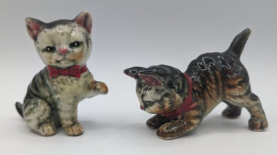 2 1950s Royal Japan Cat Figurines Red Bow Ceramic Painted Striped Kitten