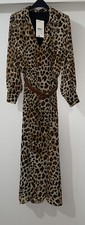 ZARA BROWN ANIMAL PRINT COLLARED BELTED MIDI DRESS WITH LINING SIZE S BNWT
