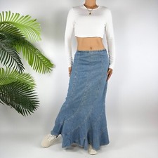 Vintage Y2K Blue Cottagecore Low Rise Prairie Ruffled Ranch Maxi Denim Skirt / 8