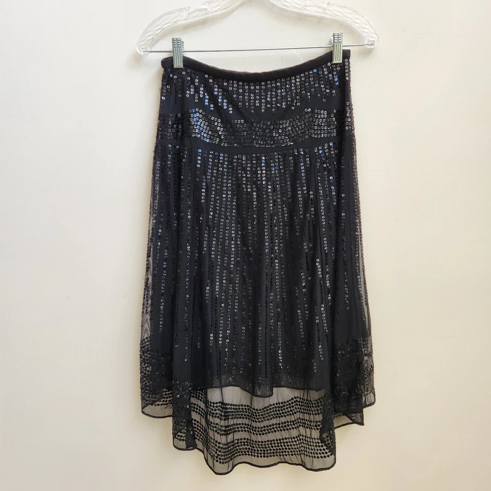 Falda BCBG Maxazria Para Mujer XS Negra Lentejuelas Alta Baja Caprichota Fiesta Halloween Foto 4 de 4