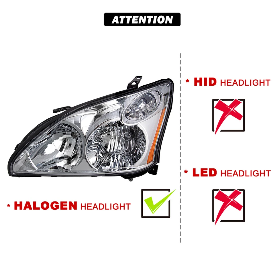 For 2004-2009 Lexus RX350 RX330 Chrome Halogen L+R Headlamps Headlights NOT HID - Image 3 of 4