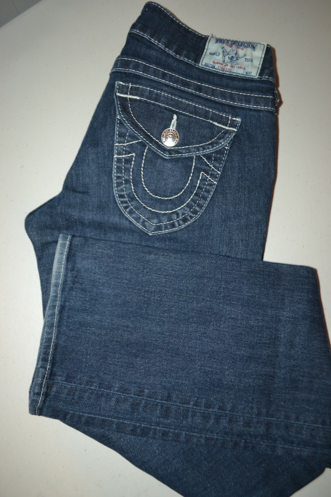 True Religion Women's Straight Pocket Flaps Dark Blue Denim Jeans Sz 28x33