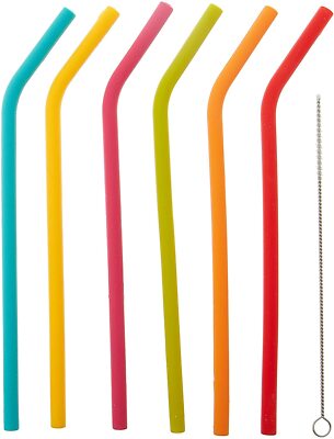 MSC Joie Rainbow Silicone Drinking Straws with Cleaning Brush reusable Set of 6