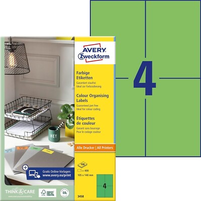 AVERY Zweckform 3458 Grüne Etiketten 400 Aufkleber, 105x148mm auf A4, permanent