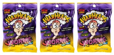 3x Warheads Sour & Chewy Sweet & Fruity Worms Kaubonbons 141g