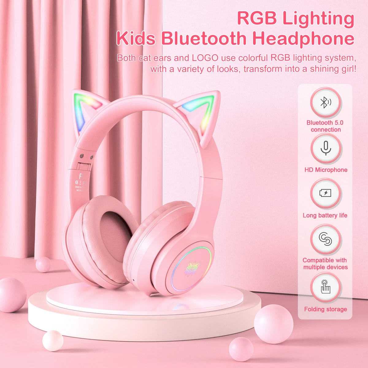 Bluetooth Pink Cat Ear PS3 Game Headset RGB for Headphone Cell