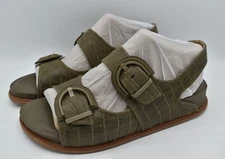 Sofft Womens Size 9.5 Adalia Buckle Croc Embossed Suede Olive Leather Sandals