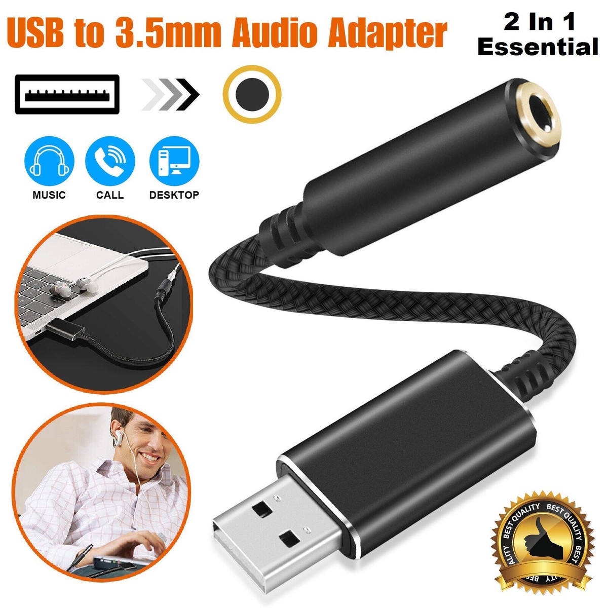 2-in-1 USB to Audio Headphone Jack Adapter Cable for PS4 Desktop Laptop