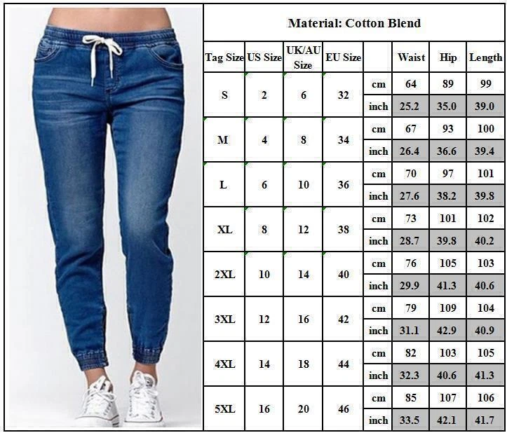 Womens Denim Jogger Pants Drawstring Elastic Waist Jeans Lady Trousers Plus Size
