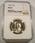 1953 NGC MS65 WASHINGTON QUARTER WHITE IN THE CENTER NICE TONE SILVER 25c MS 65