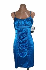 Y2k LOVE TEASE Vintage Satin Blue Ruched Bodycon Cocktail Dress Sz 11 NEW NWT