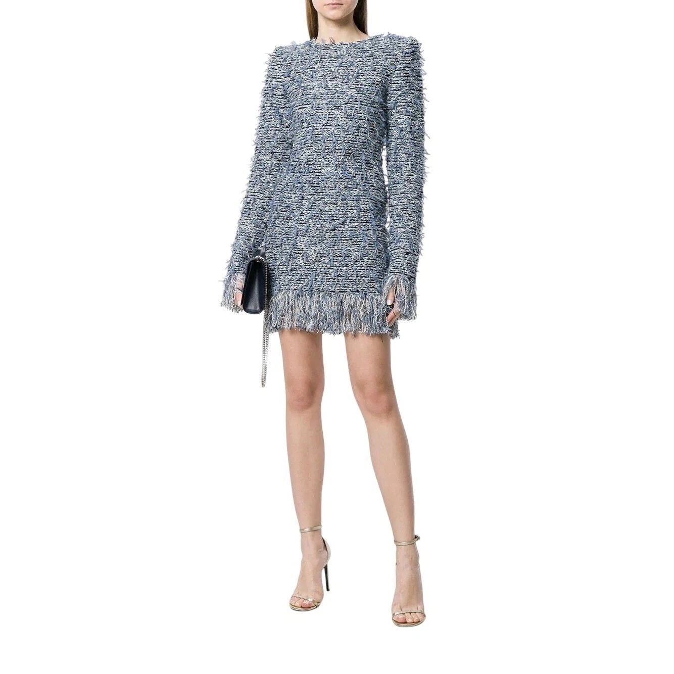 Balmain — BALMAIN Bouclé Tweed Fringe Mini Dress Blue Luxury IT40 / FR40 US 8