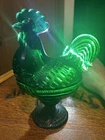 Dark Green Glass Rooster Covered Dish Standing Chicken Retro Depression Style