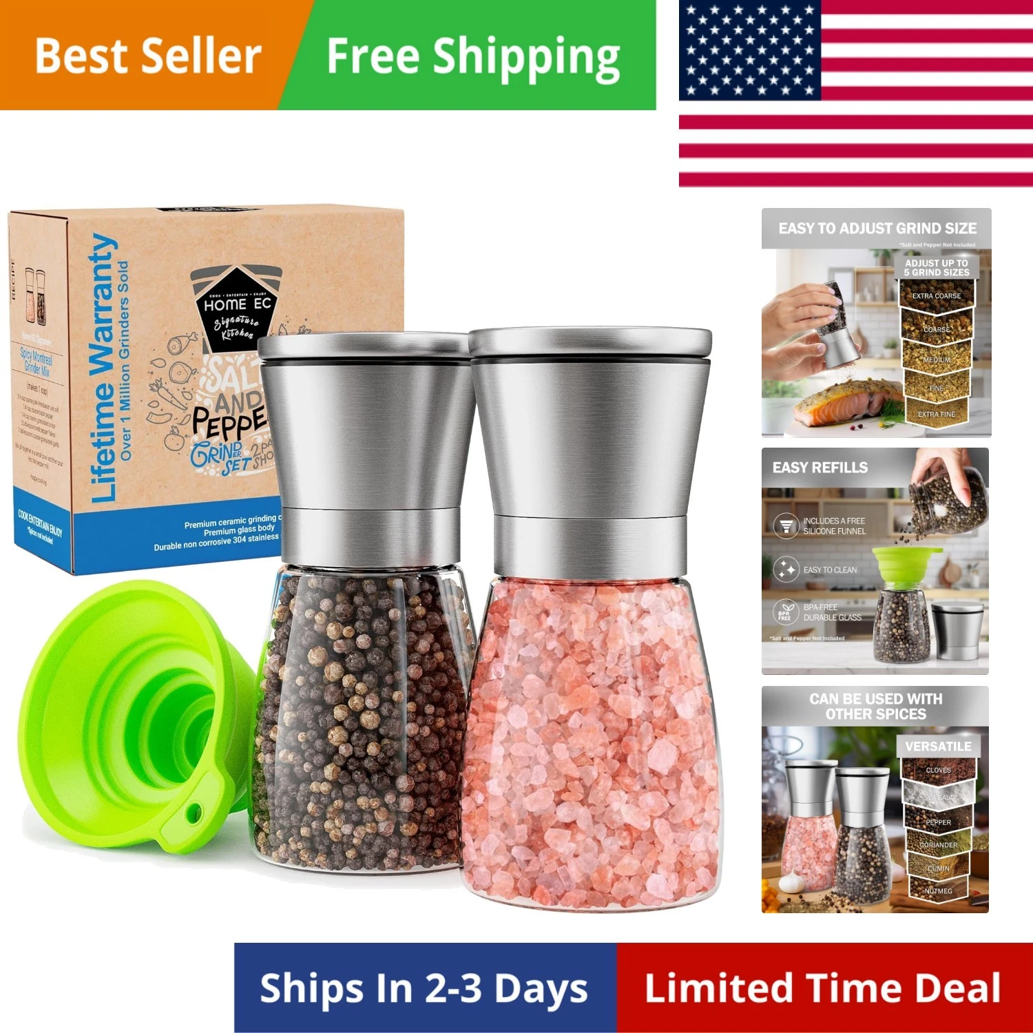 Stainless Steel Sea Salt and Pepper Grinder Set of 2 - Adjustable Ceramic - G...