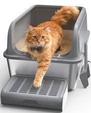 Cat Litter Box - Stainless Steel Litter Box with Scatter-Proof Elevated Step ...