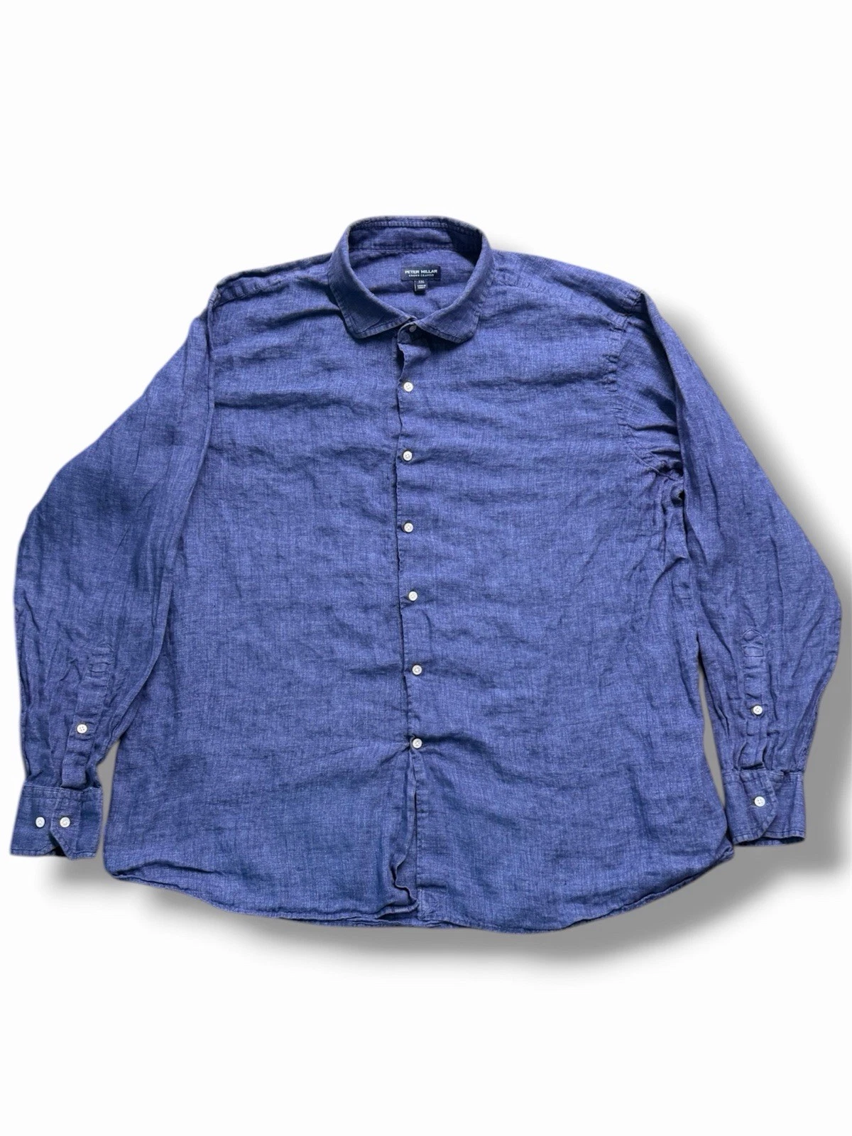 Peter Millar Crown Crafted Mens XXL Blue 100% Linen Long Sleeve Button Up Shirt
