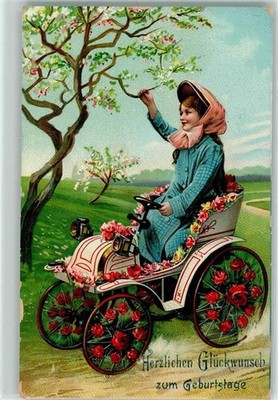 13130061 - Pedal Car Birthday Rose Garlands Postcard Congratulations Car 1910