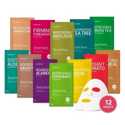GLAM UP Korean Facial Sheet Mask 12 Combo Pack | Hydrating & Moisturizing Fac...