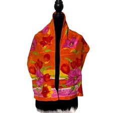 Vintage Liz Claiborne Scarf Silk Floral Print Bright Orange Pink