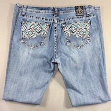 Grace in LA Women's Aztec Teal Embroidered Stonewashed Bootcut Stretch Jeans