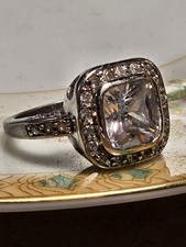 Ring Silver Cubic Zirconia Square and Round Stones Silver Tone Size 5-5.5 Band